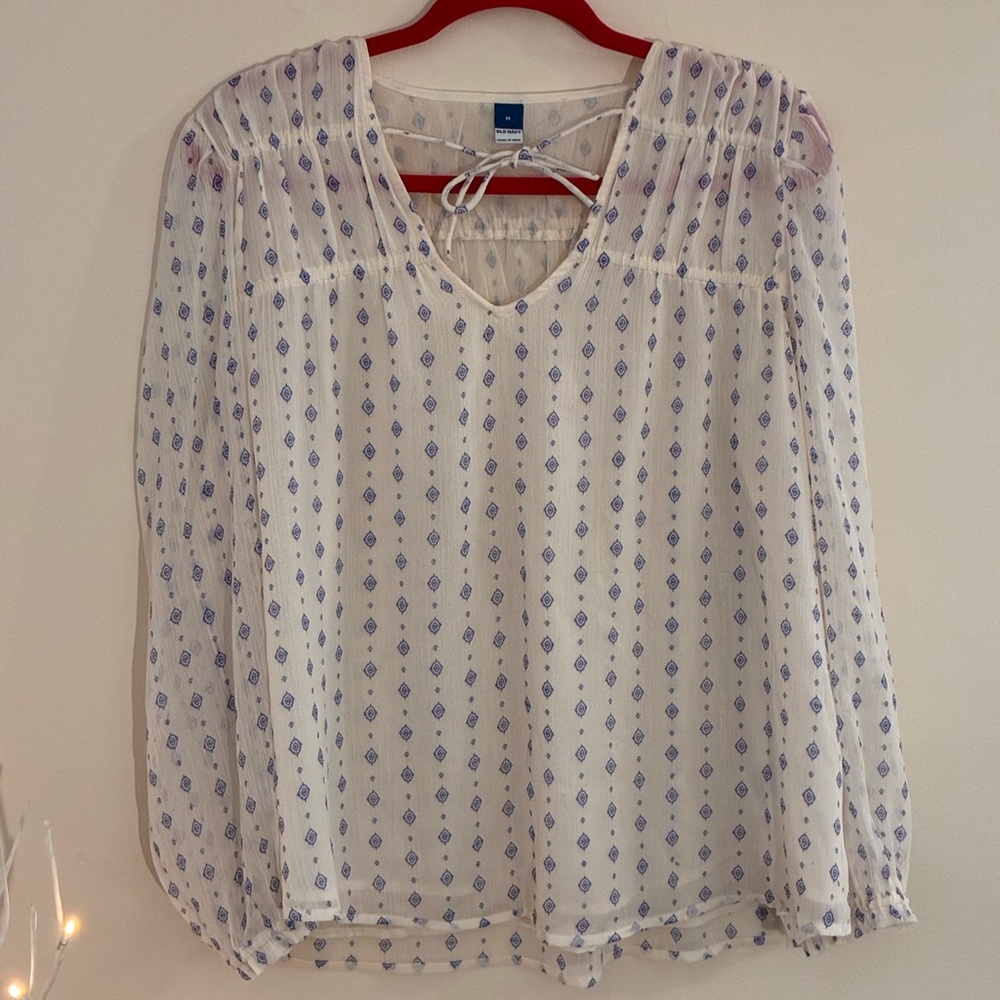 Old Navy Boho Peasant Blouse Cream Blue Print Tie Neck Size M
